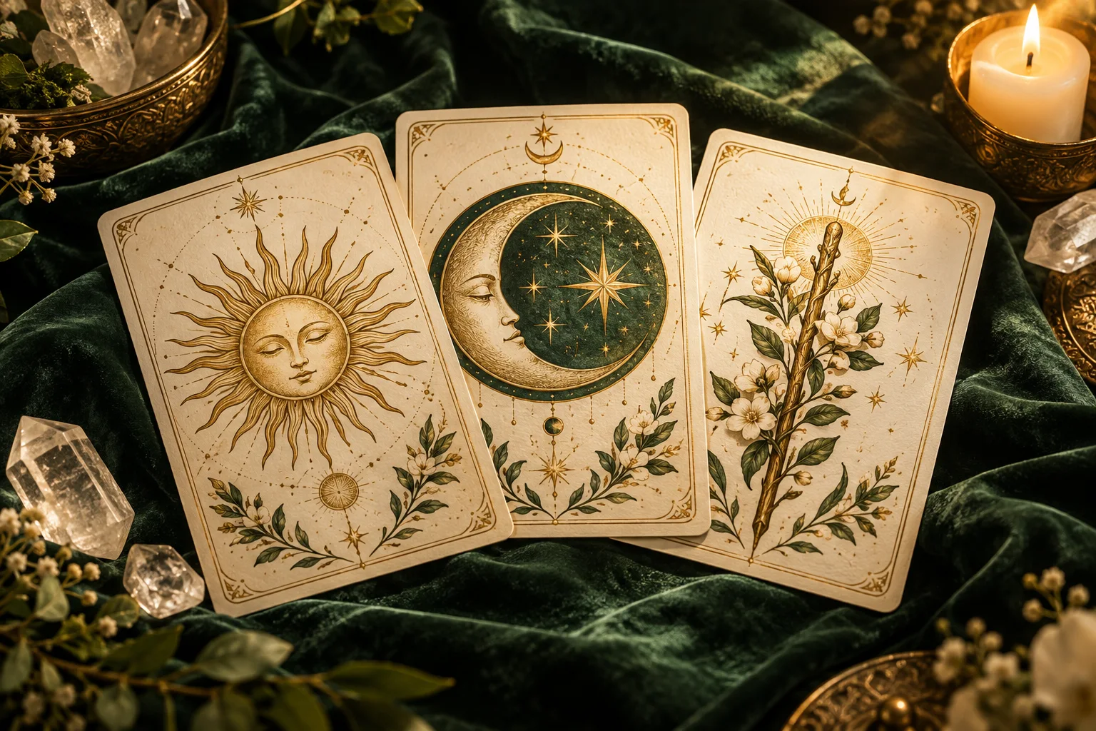 Original tarot-inspired artwork: sun, moon and flowering-wand cards in warm gold light on forest-green velvet.