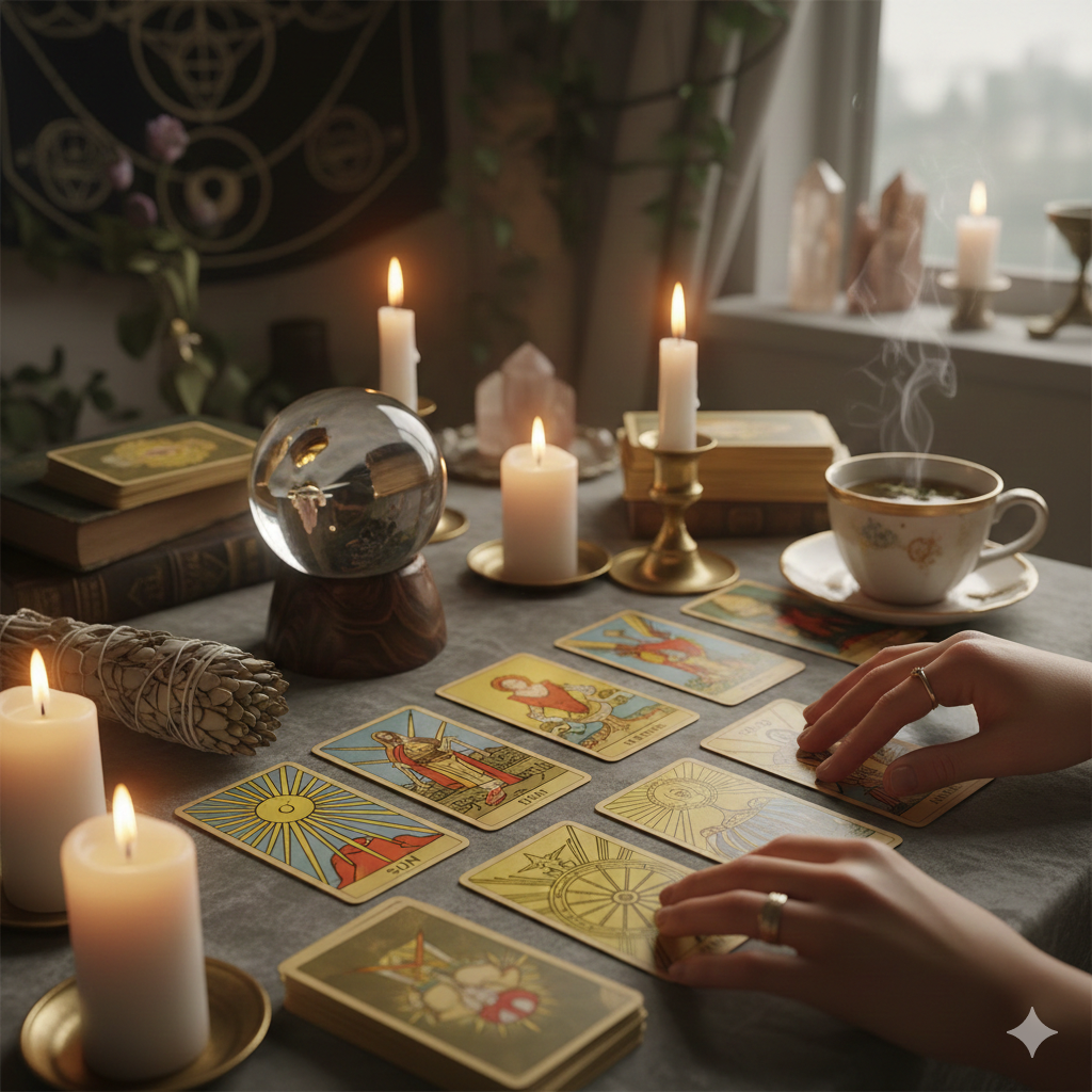 Tarot cards, candles, and crystal ball on a ritual table